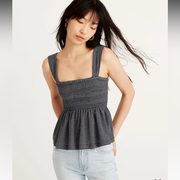 Madewell Texture & Thread Smocked Peplum Tank Top Women’s Small Striped Navy - Picture 1 of 13